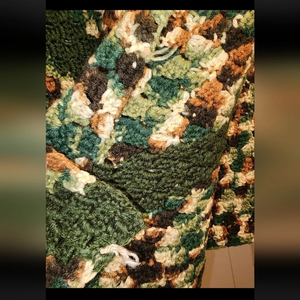 Handmade Camo Crochet Blanket With 3‎ Green Stripes Approximately 62x62